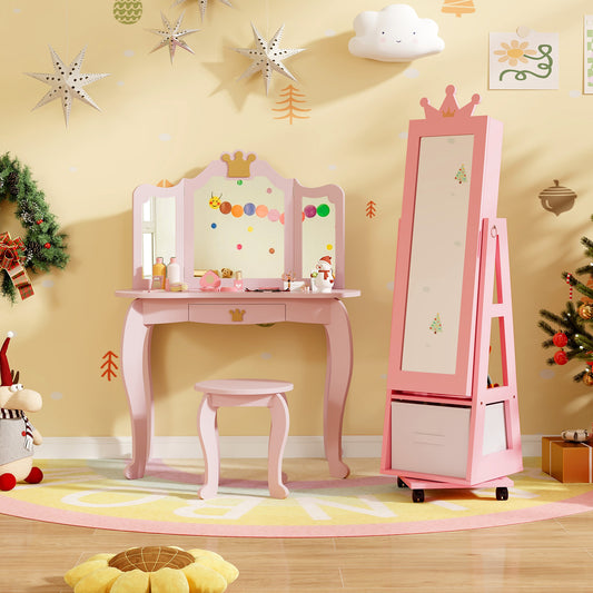 Kids Vanity Set with Jewelry Armoire and Full-Length Mirror