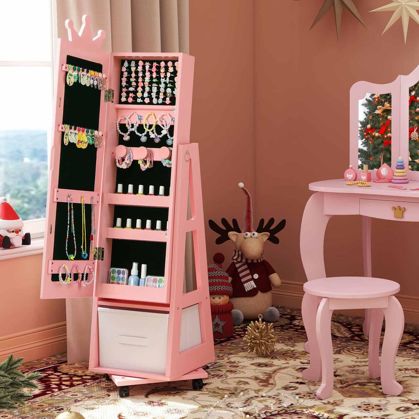 Kids Vanity Set with Jewelry Armoire and Full-Length Mirror