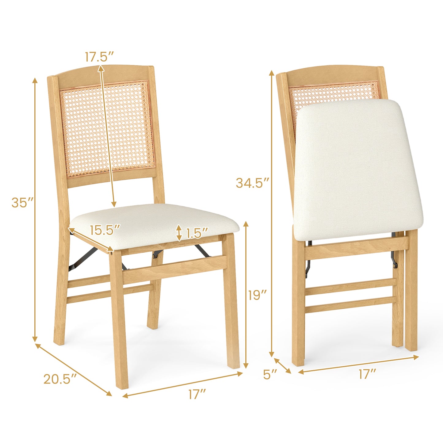 Folding Dining Chairs Set of 2 with Padded Linen Seats