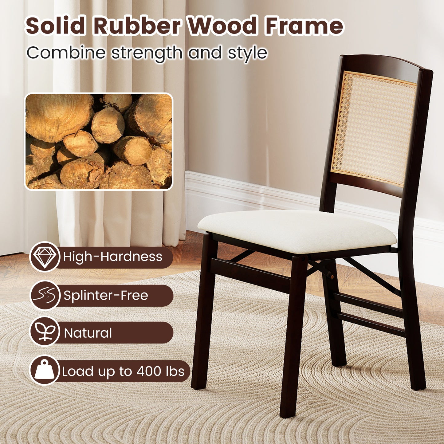 Folding Dining Chairs Set of 2 with Padded Linen Seats