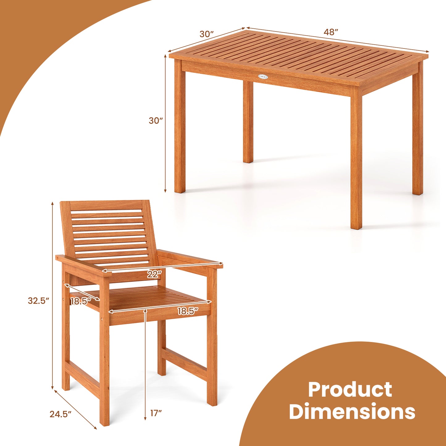 5-Piece Wood Patio Dining Set with Rectangular Table