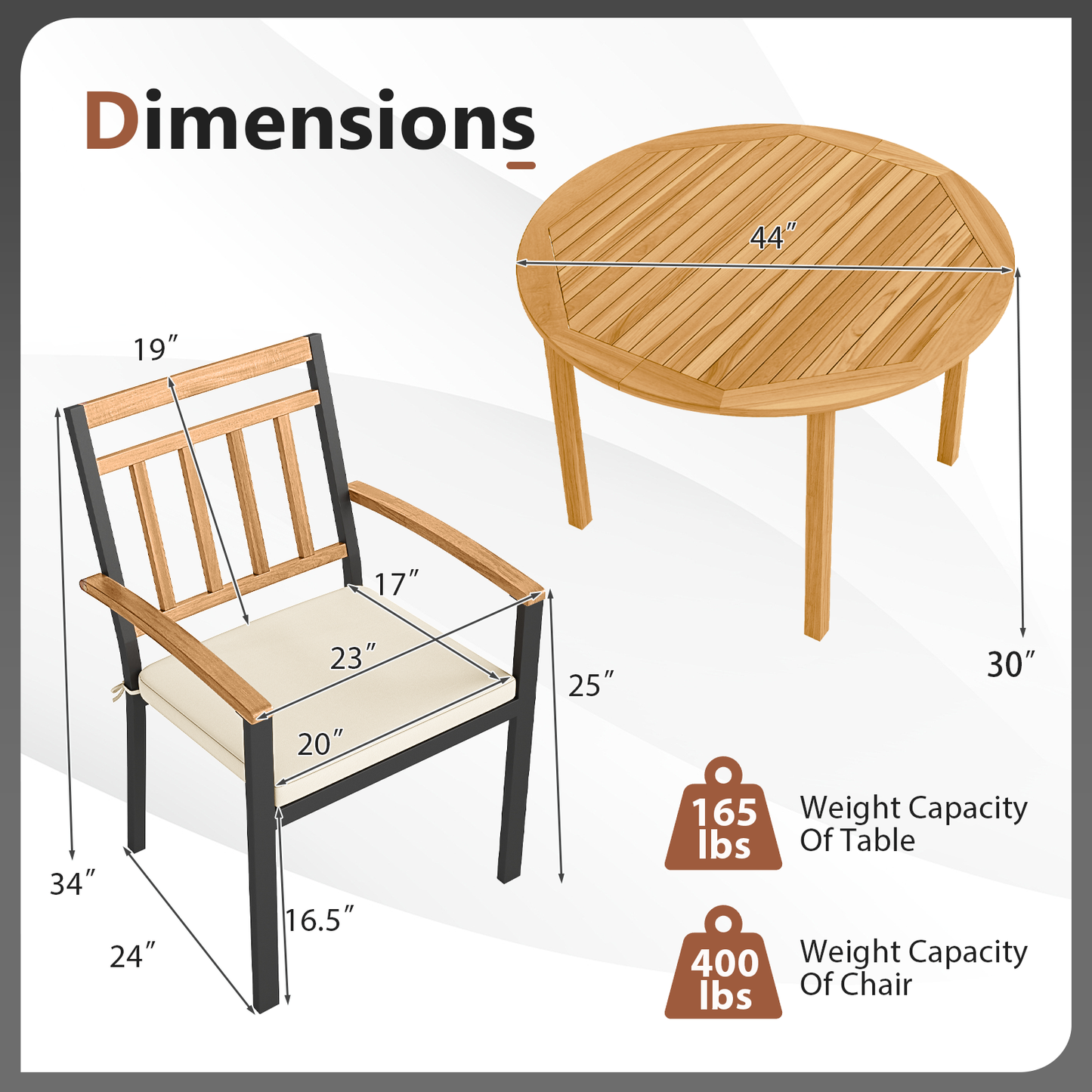 5-Piece Acacia Wood Patio Dining Set with Cushioned Chairs