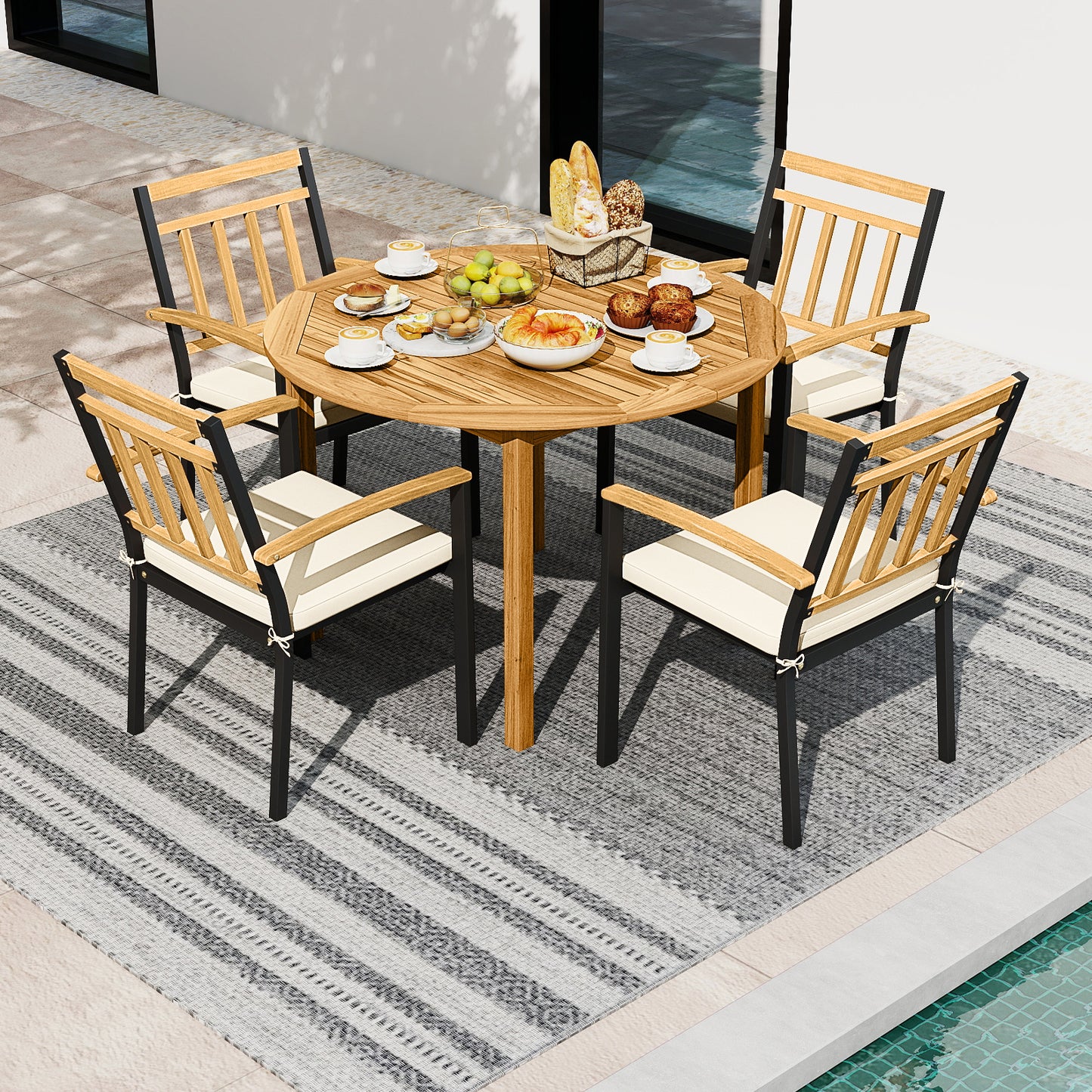 5-Piece Acacia Wood Patio Dining Set with Cushioned Chairs