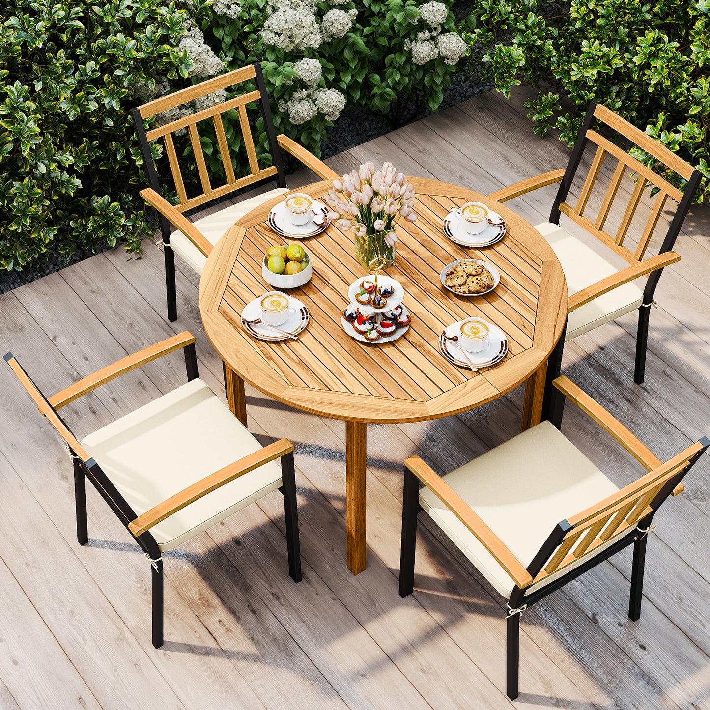 5-Piece Acacia Wood Patio Dining Set with Cushioned Chairs