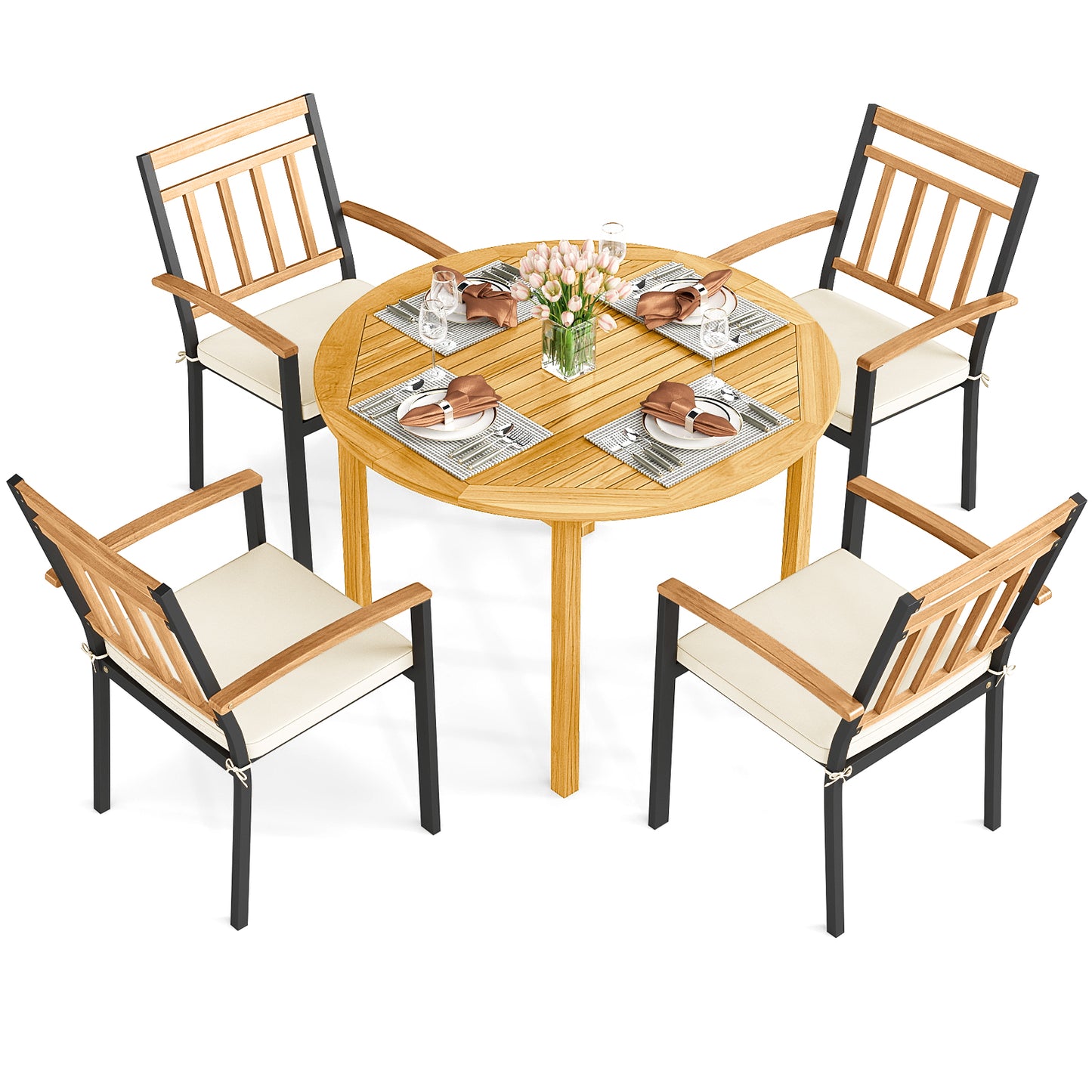 5-Piece Acacia Wood Patio Dining Set with Cushioned Chairs