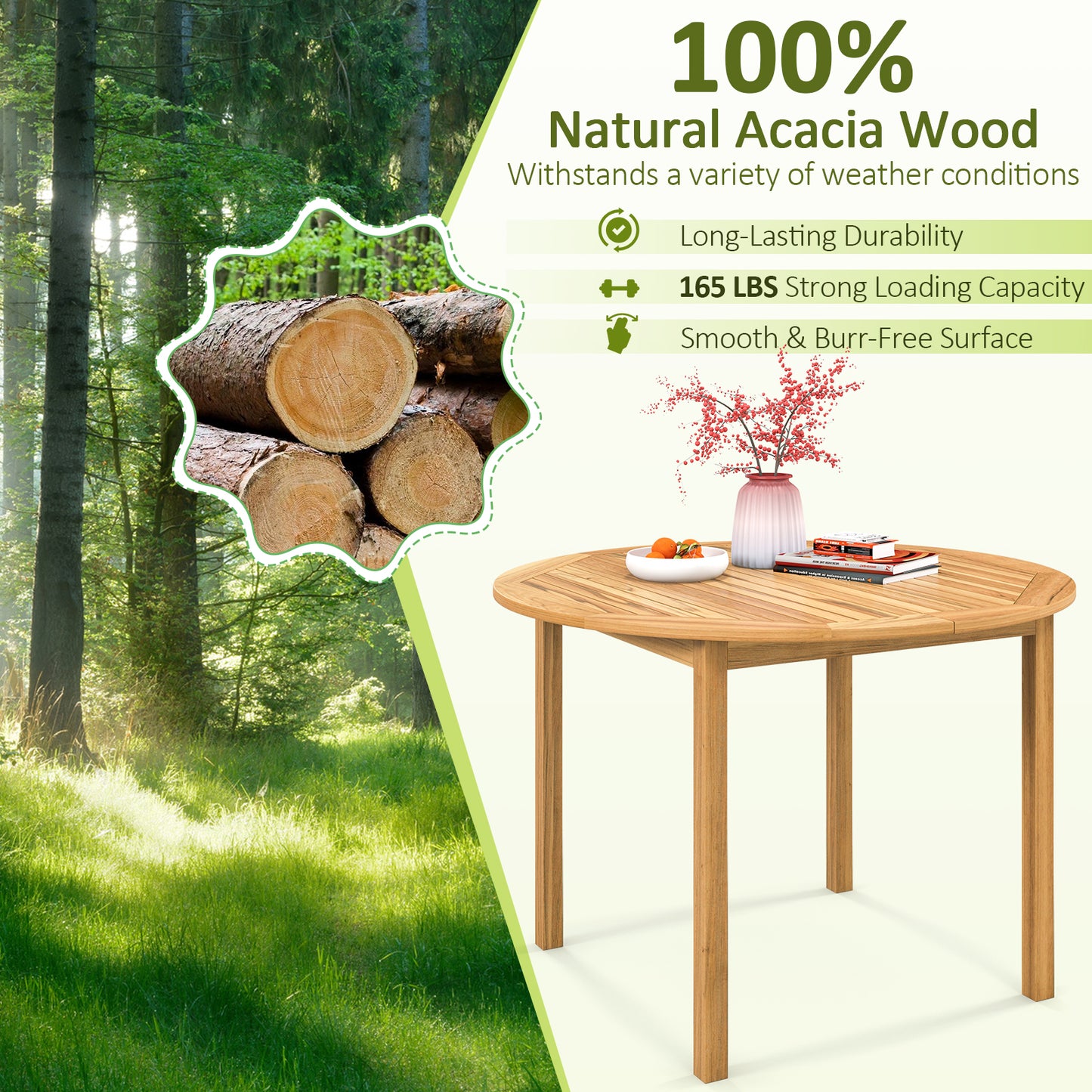 5-Piece Acacia Wood Patio Dining Set with Cushioned Chairs