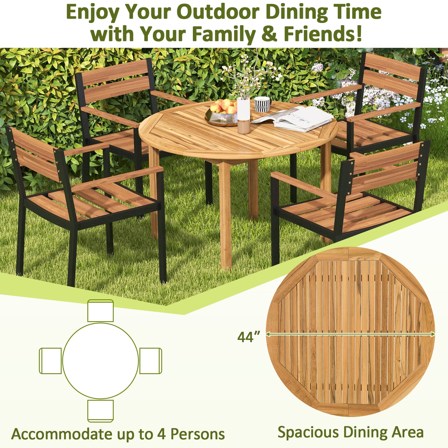 5-Piece Acacia Wood Patio Dining Set with Cushioned Chairs