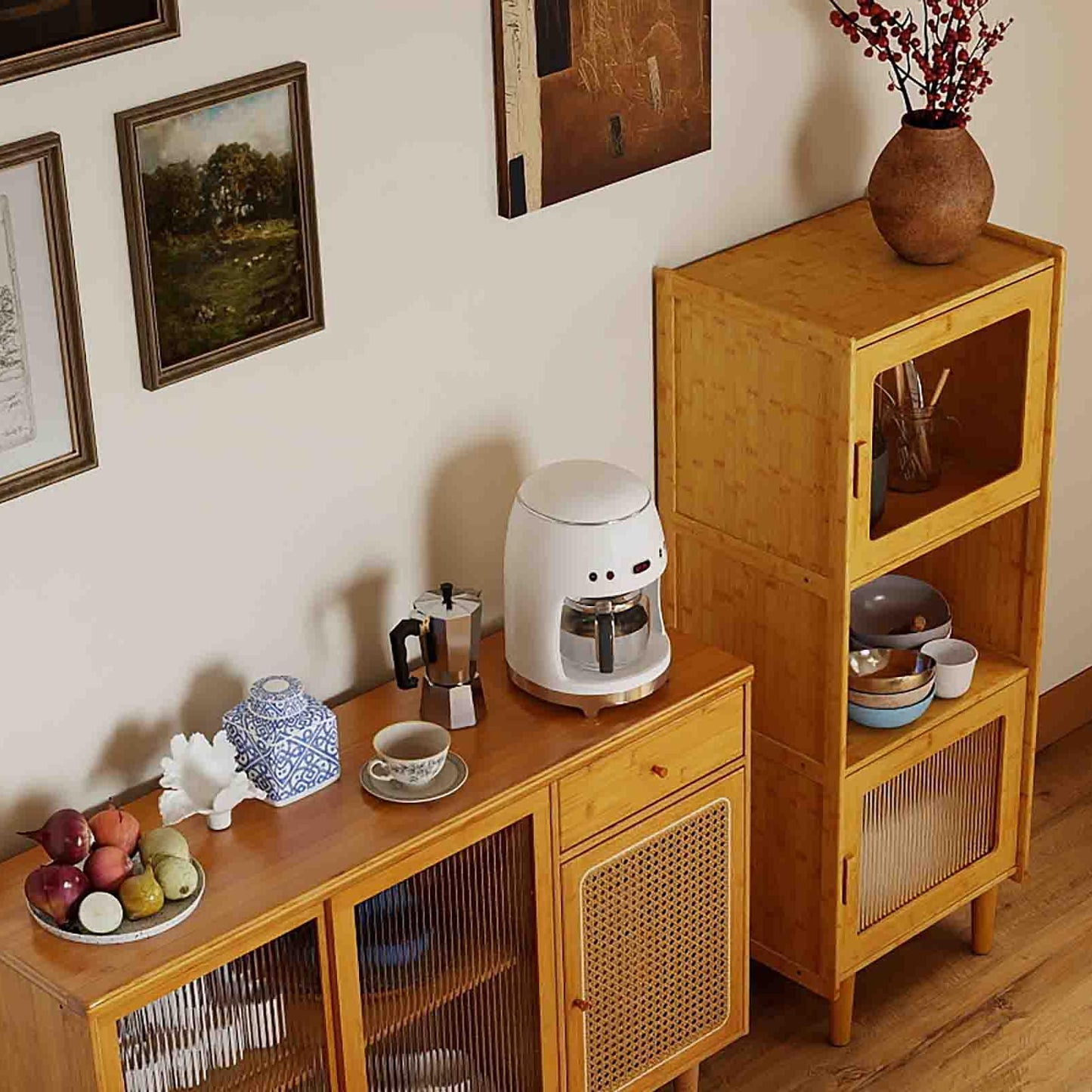 3-Piece Dining Room Set with Bamboo Sideboard & Storage Cabinet