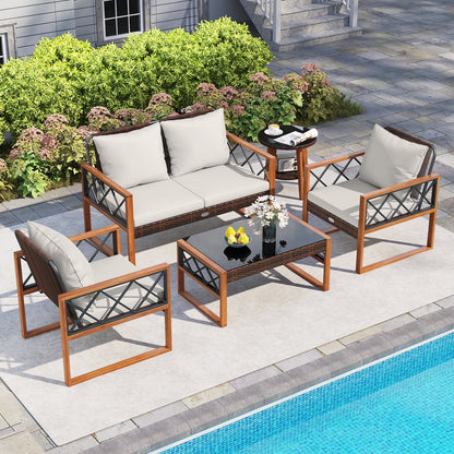 5 Pieces PE Wicker Patio Furniture Set with Acacia Wood Frame