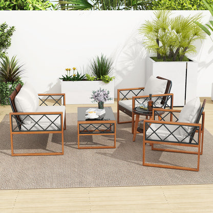 5 Pieces PE Wicker Patio Furniture Set with Acacia Wood Frame