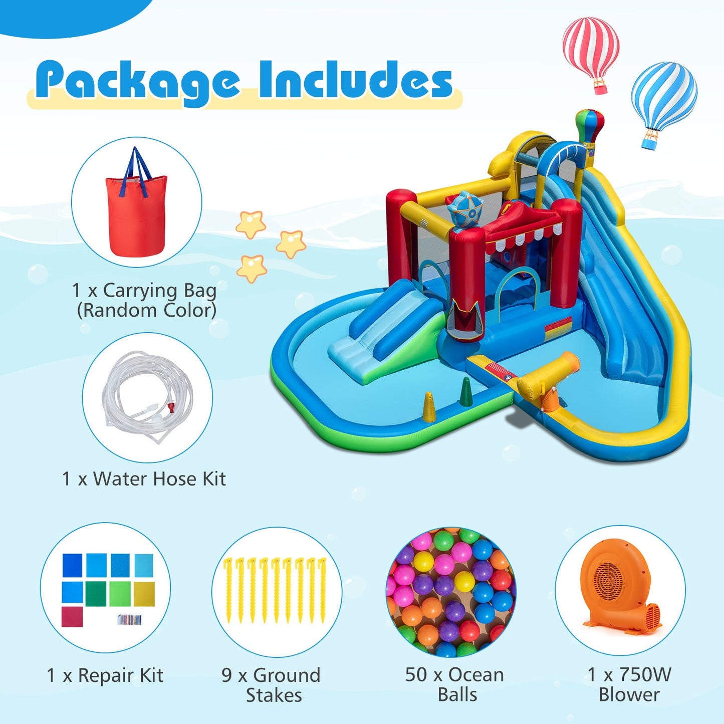 Inflatable Water Park with Splash Pool 50 Ocean Balls and 750W Blower