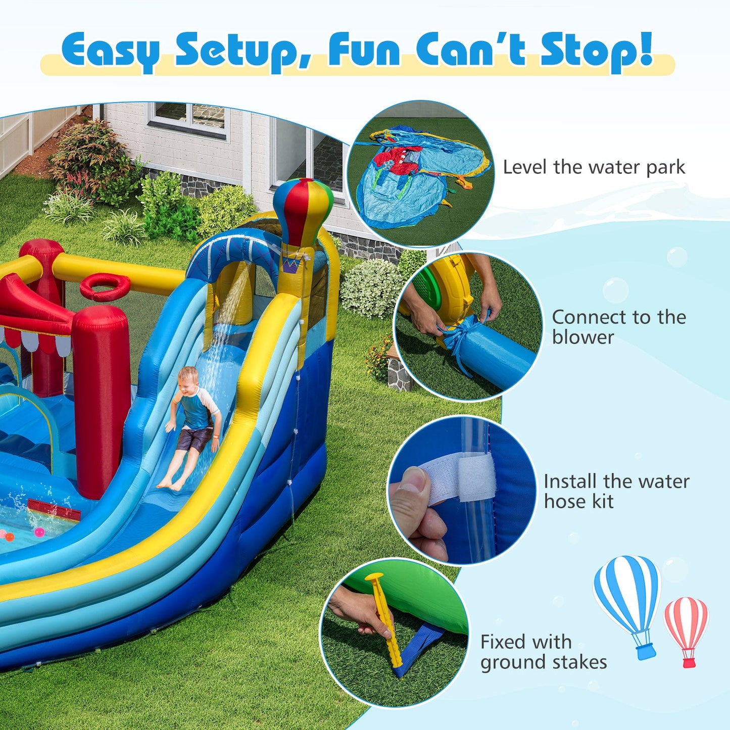 Inflatable Water Park with Splash Pool 50 Ocean Balls and 750W Blower