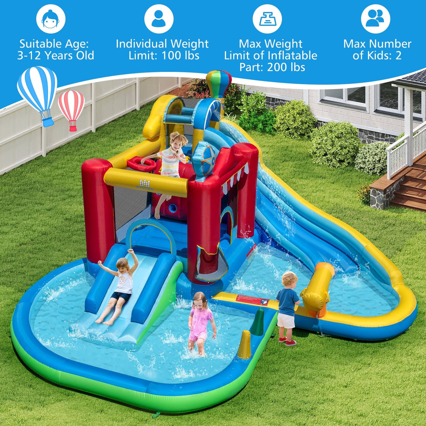 Inflatable Water Park with Splash Pool 50 Ocean Balls and 750W Blower