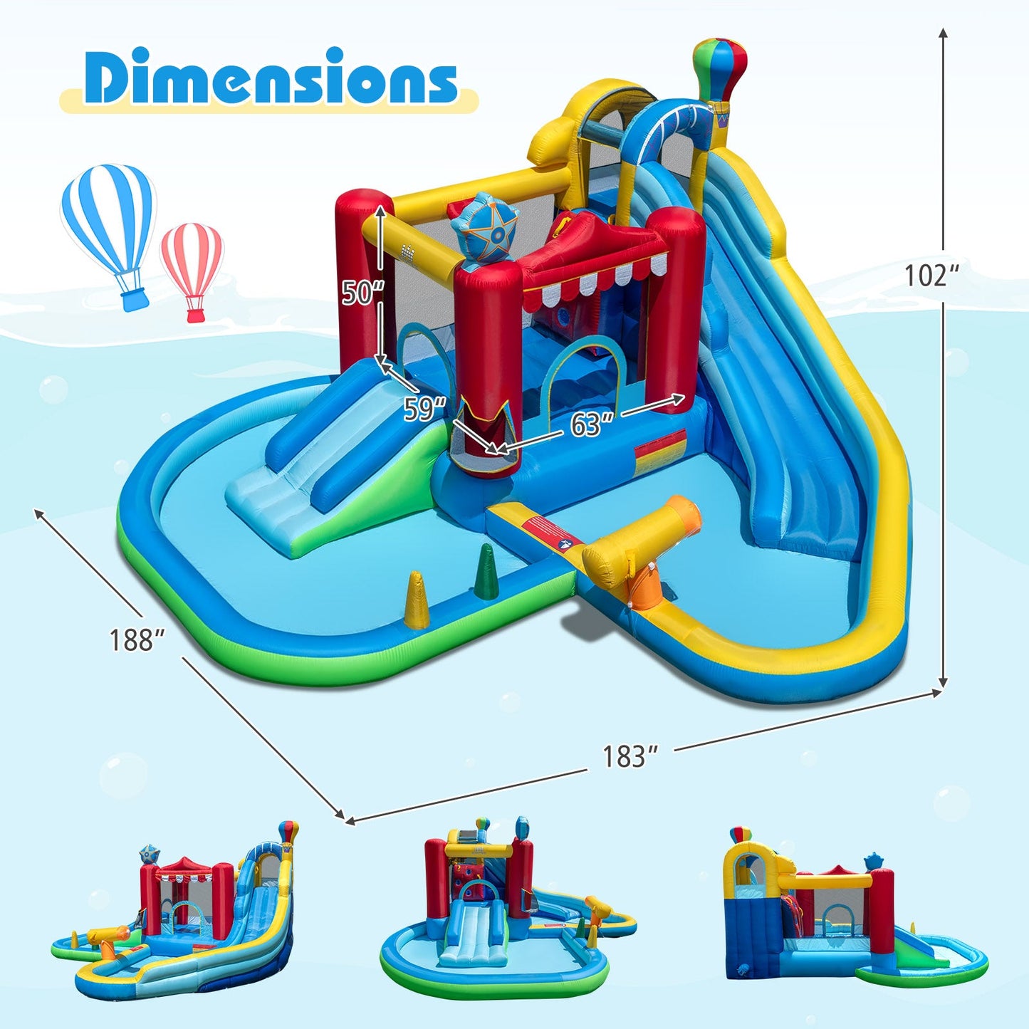 Inflatable Water Park with Splash Pool 50 Ocean Balls and 750W Blower