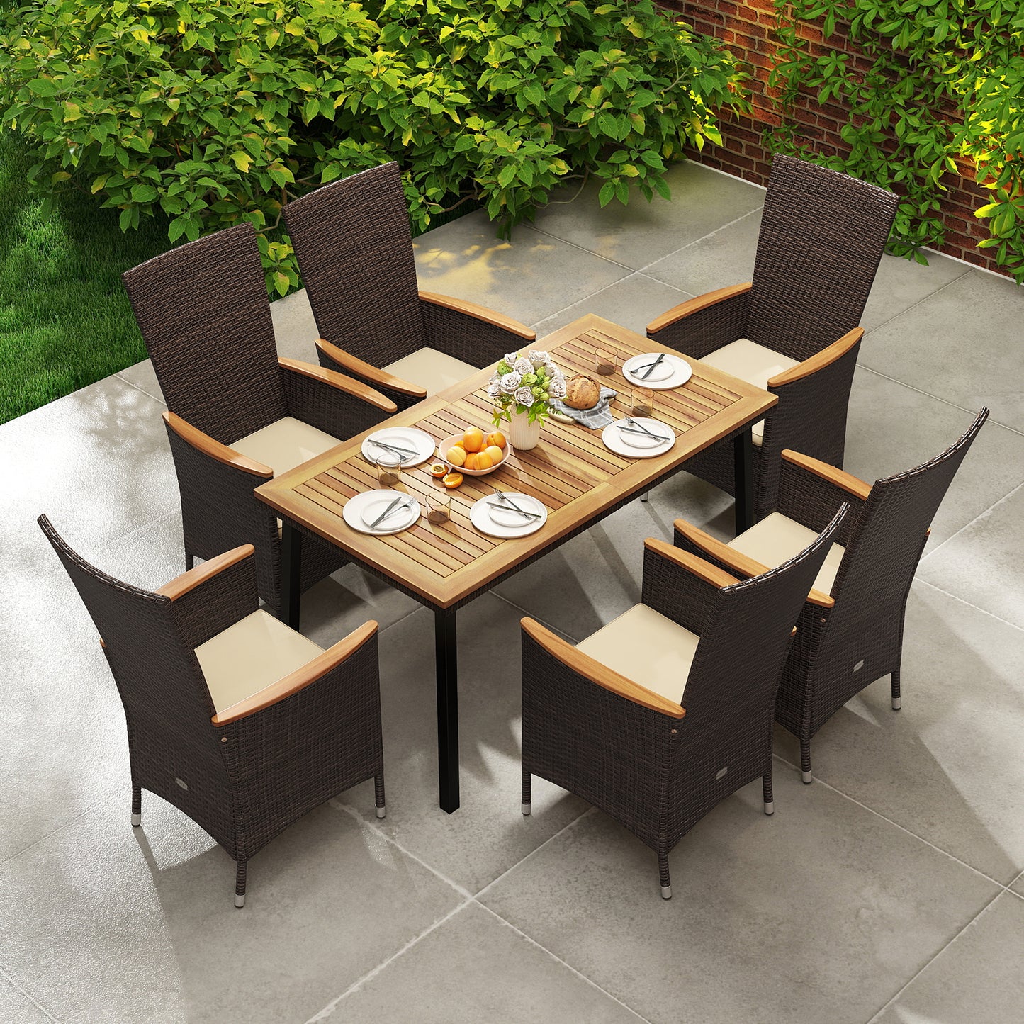 7-Piece Patio Dining Set for 6 with Wicker Chairs & Acacia Table