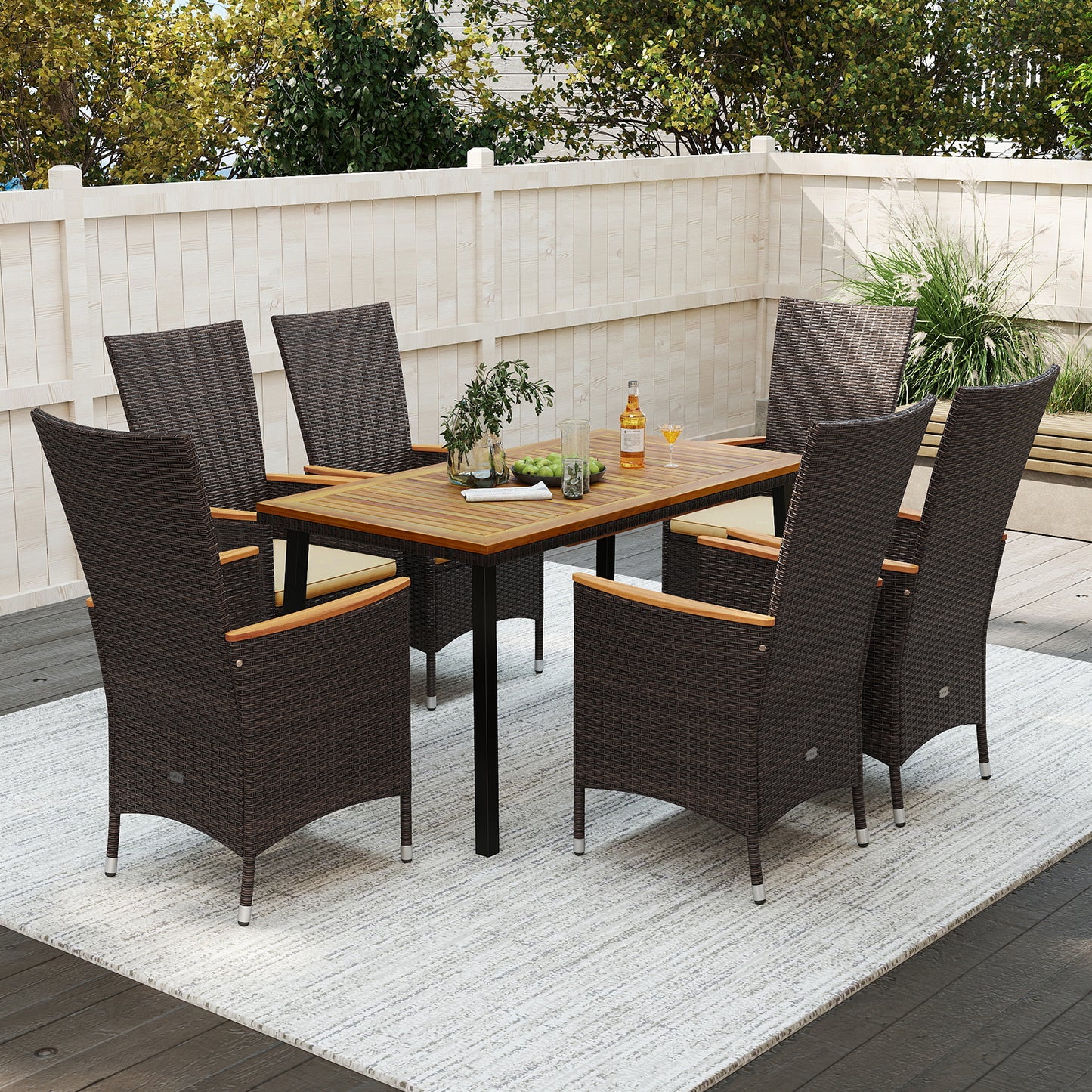 7-Piece Patio Dining Set for 6 with Wicker Chairs & Acacia Table