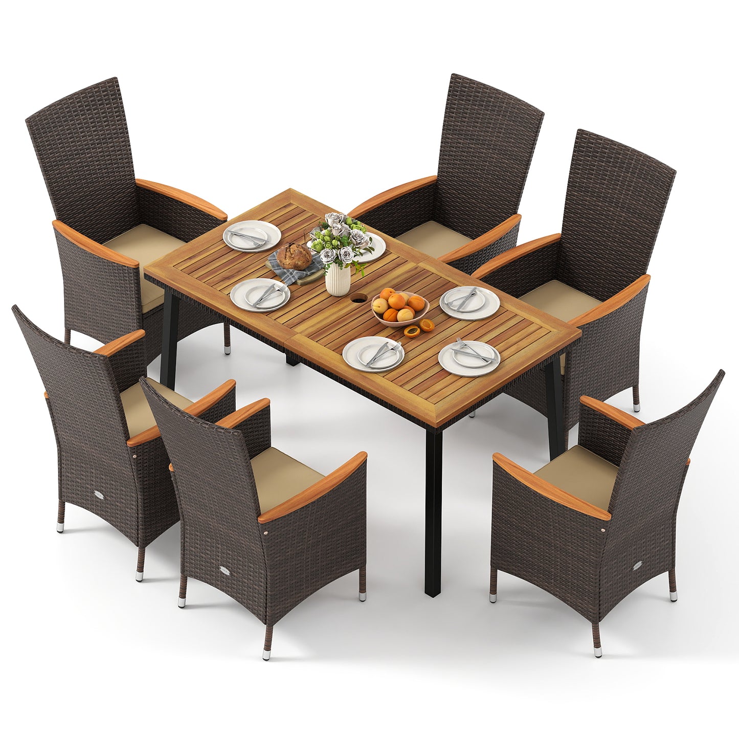 7-Piece Patio Dining Set for 6 with Wicker Chairs & Acacia Table