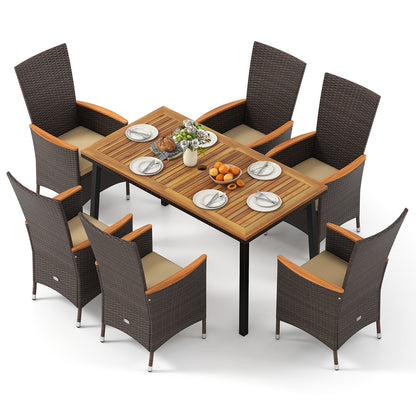 7-Piece Patio Dining Set for 6 with Wicker Chairs & Acacia Table