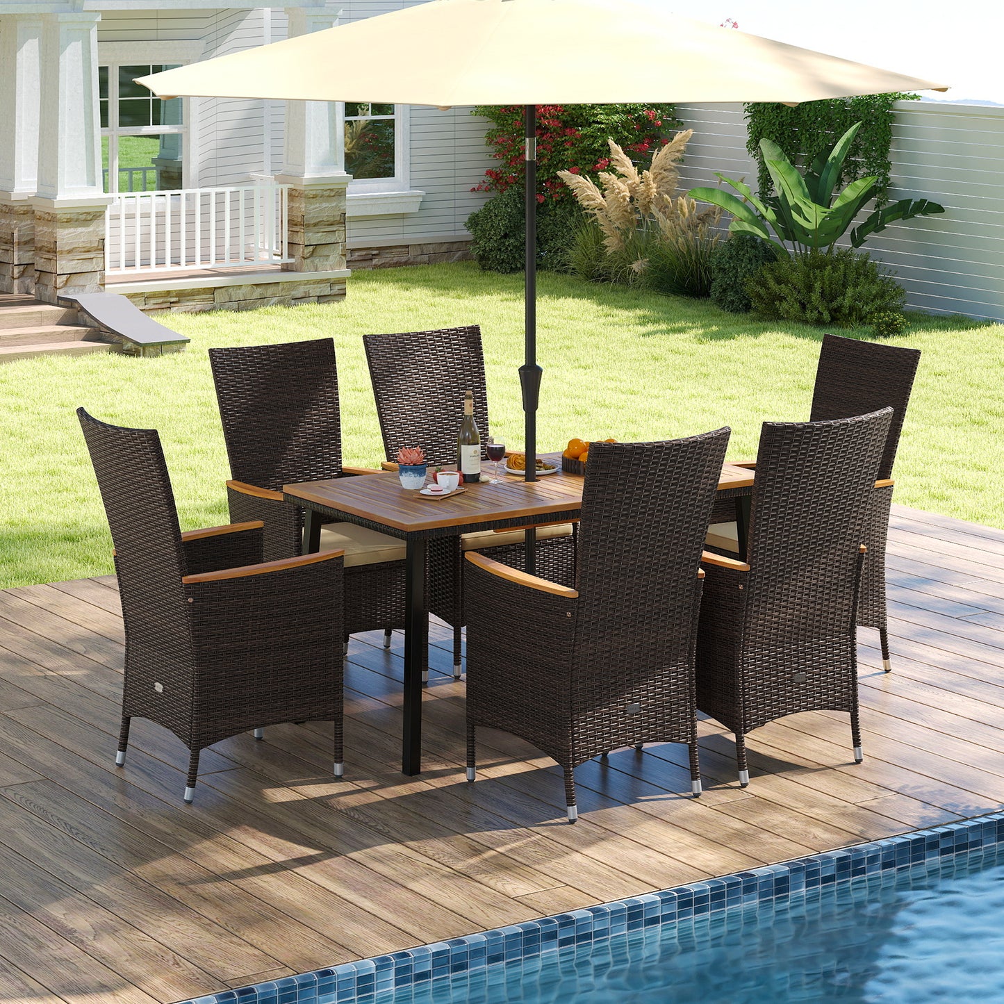 7-Piece Patio Dining Set for 6 with Wicker Chairs & Acacia Table