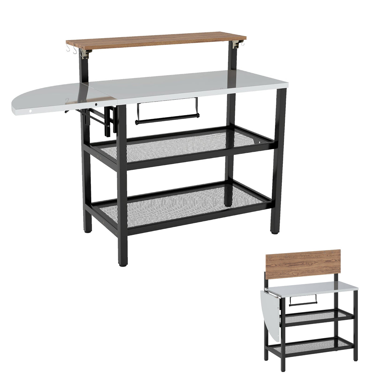 Outdoor Foldable Grill Table with Flip-Up Top and 2 Storage Shelves for Backyard Garden