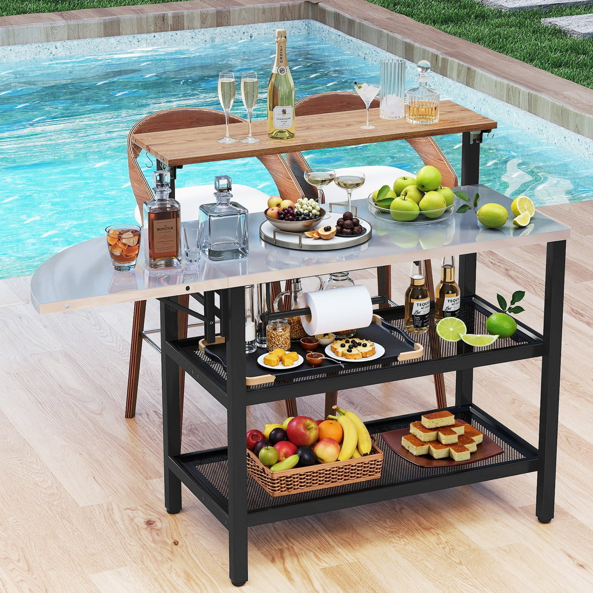 Outdoor Foldable Grill Table with Flip-Up Top and 2 Storage Shelves for Backyard Garden