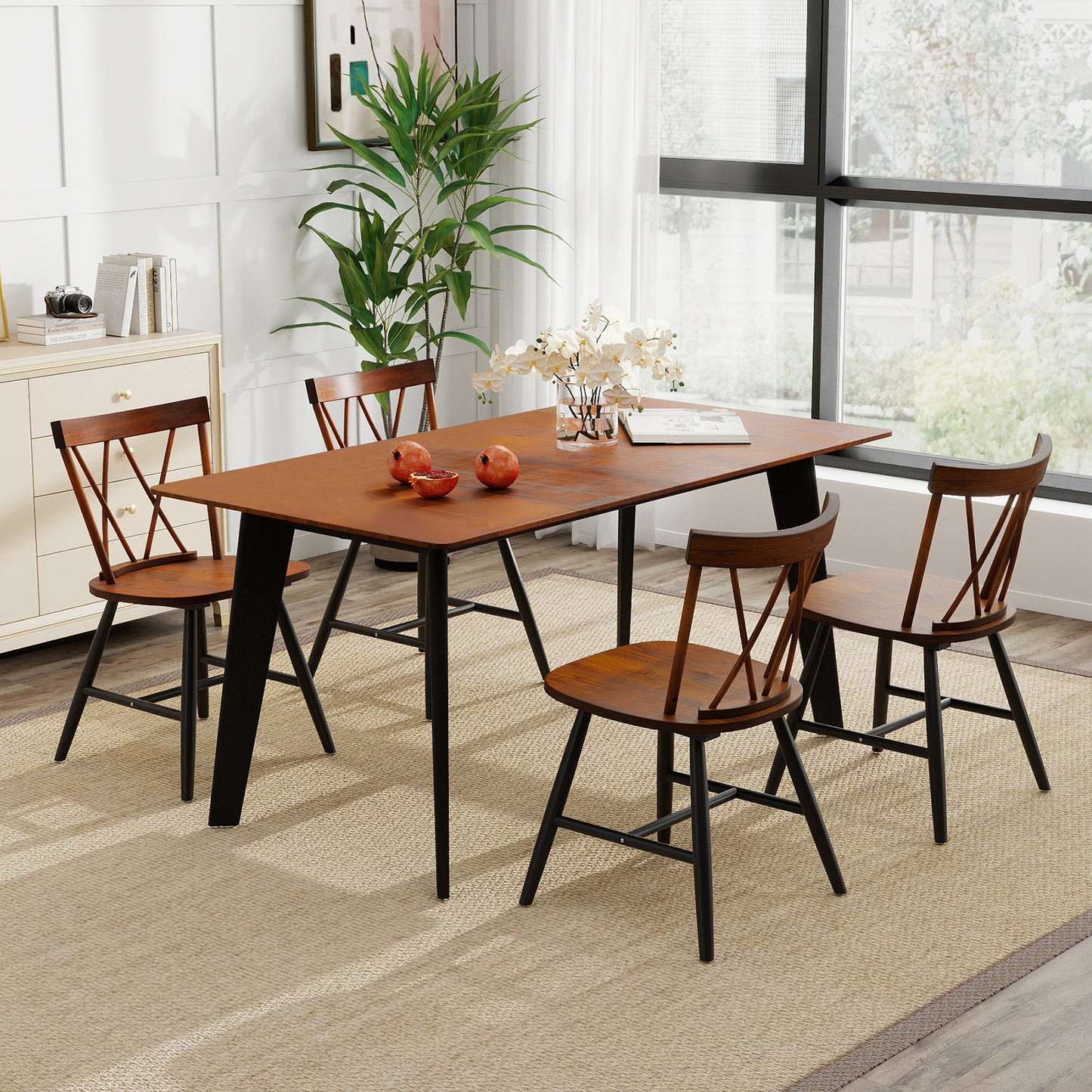 Dining Chairs Set of 4 with Curved Cross Back and Rubber Wood