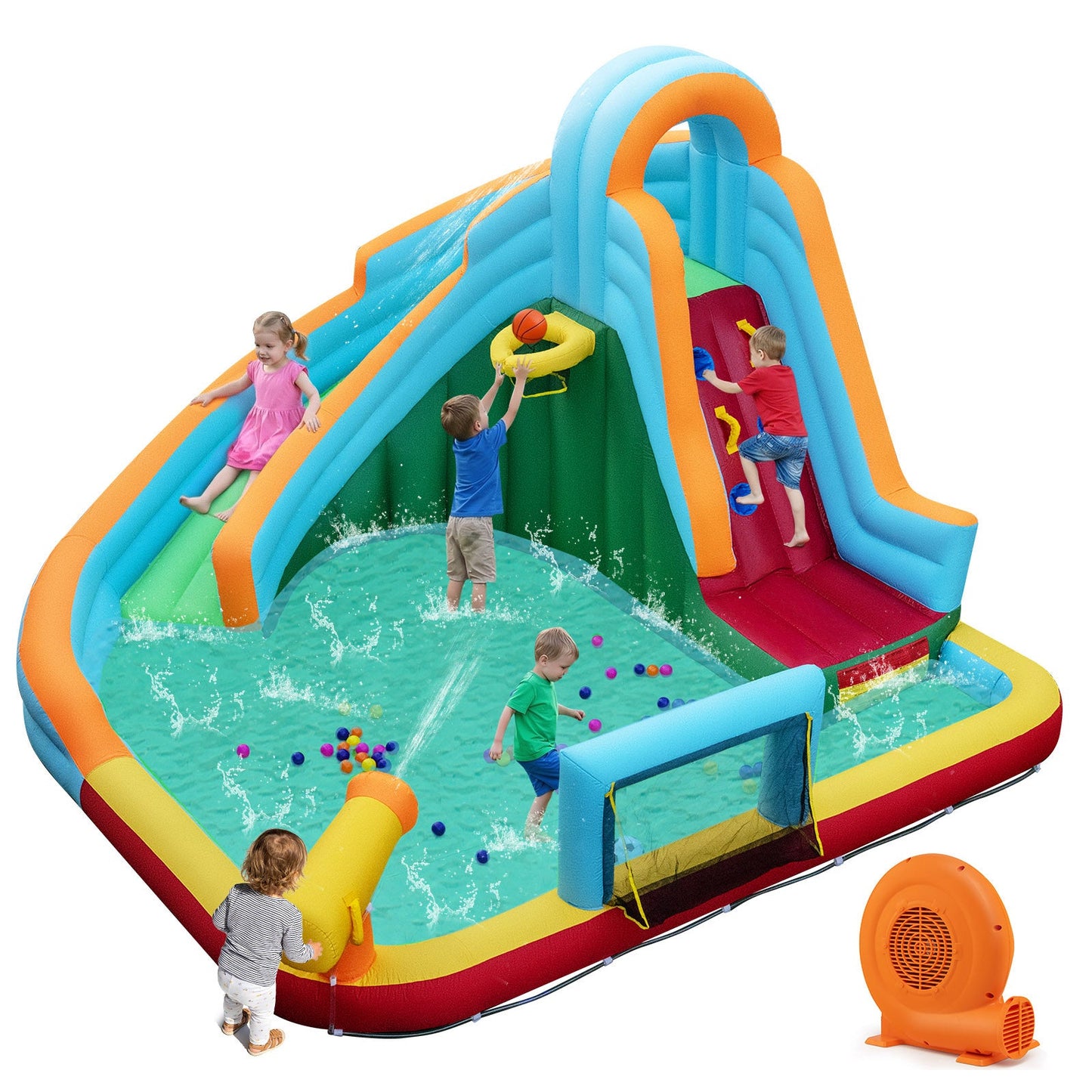 6-in-1 Inflatable Water Slide Park with 750W Blower for Yard