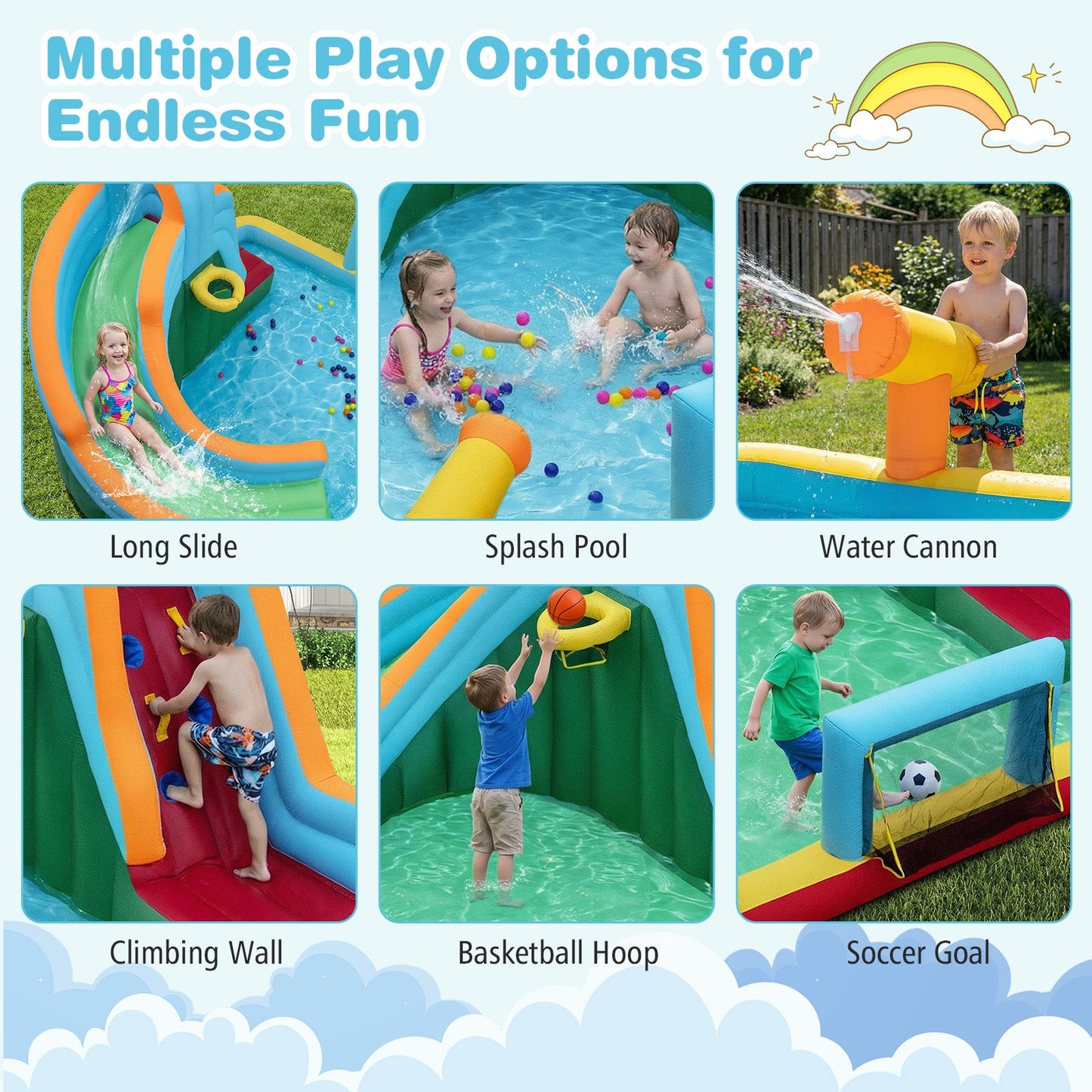 6-in-1 Inflatable Water Slide Park with 750W Blower for Yard