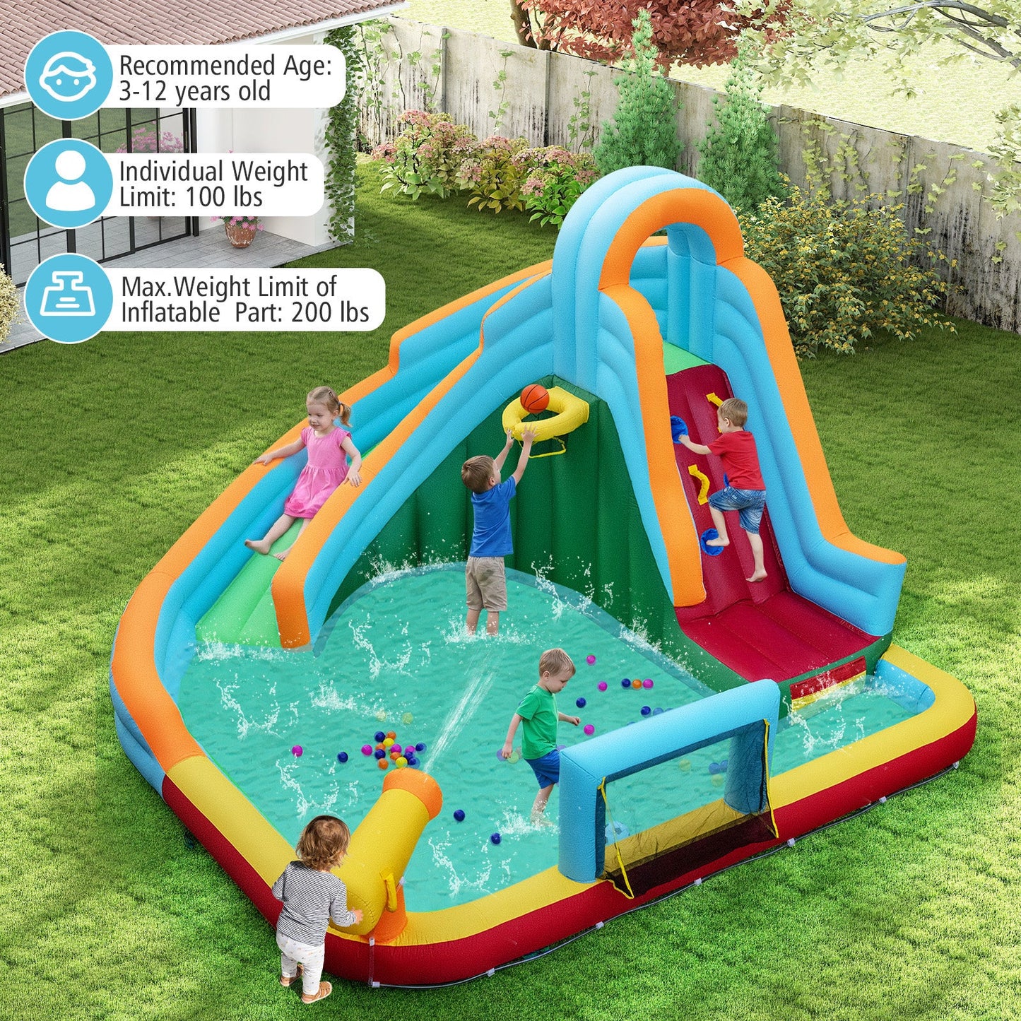 6-in-1 Inflatable Water Slide Park with 750W Blower for Yard