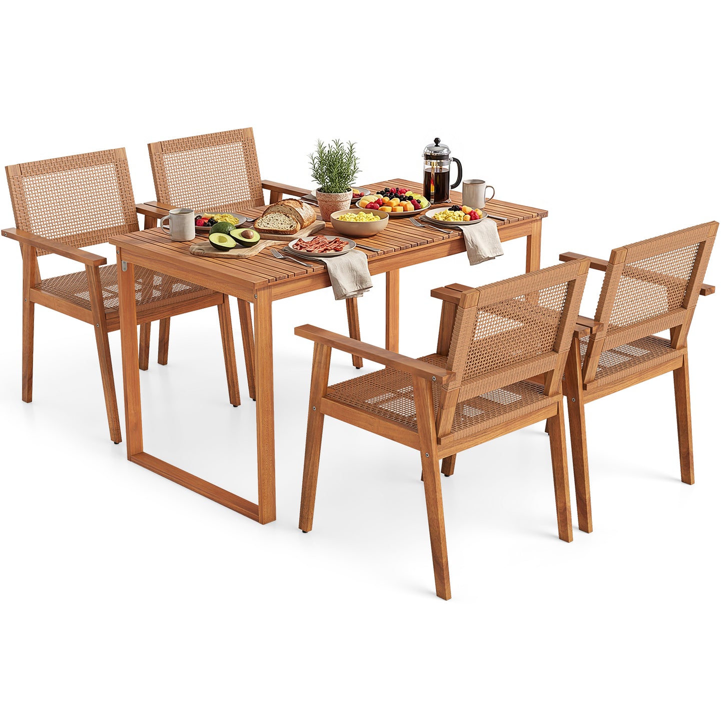 5-Piece Acacia Wood Patio Dining Set with Rattan Chairs