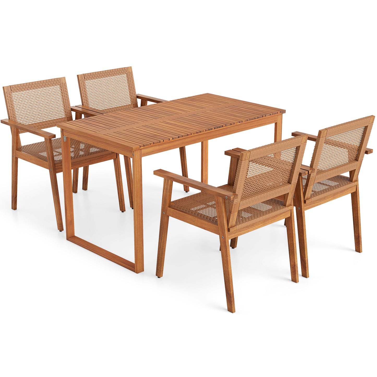 5-Piece Acacia Wood Patio Dining Set with Rattan Chairs