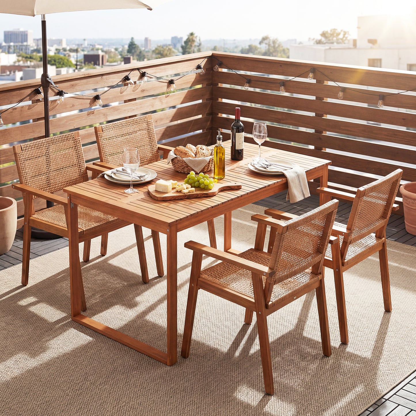 5-Piece Acacia Wood Patio Dining Set with Rattan Chairs
