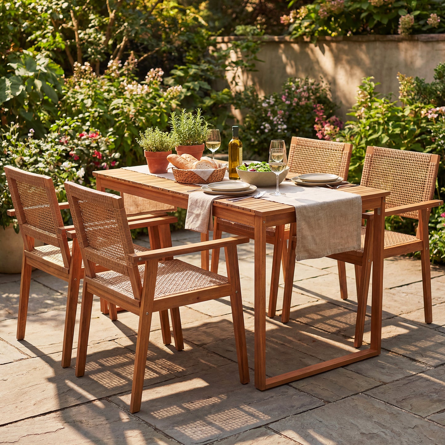5-Piece Acacia Wood Patio Dining Set with Rattan Chairs
