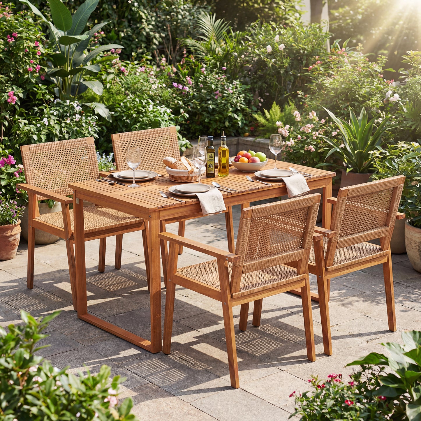 5-Piece Acacia Wood Patio Dining Set with Rattan Chairs