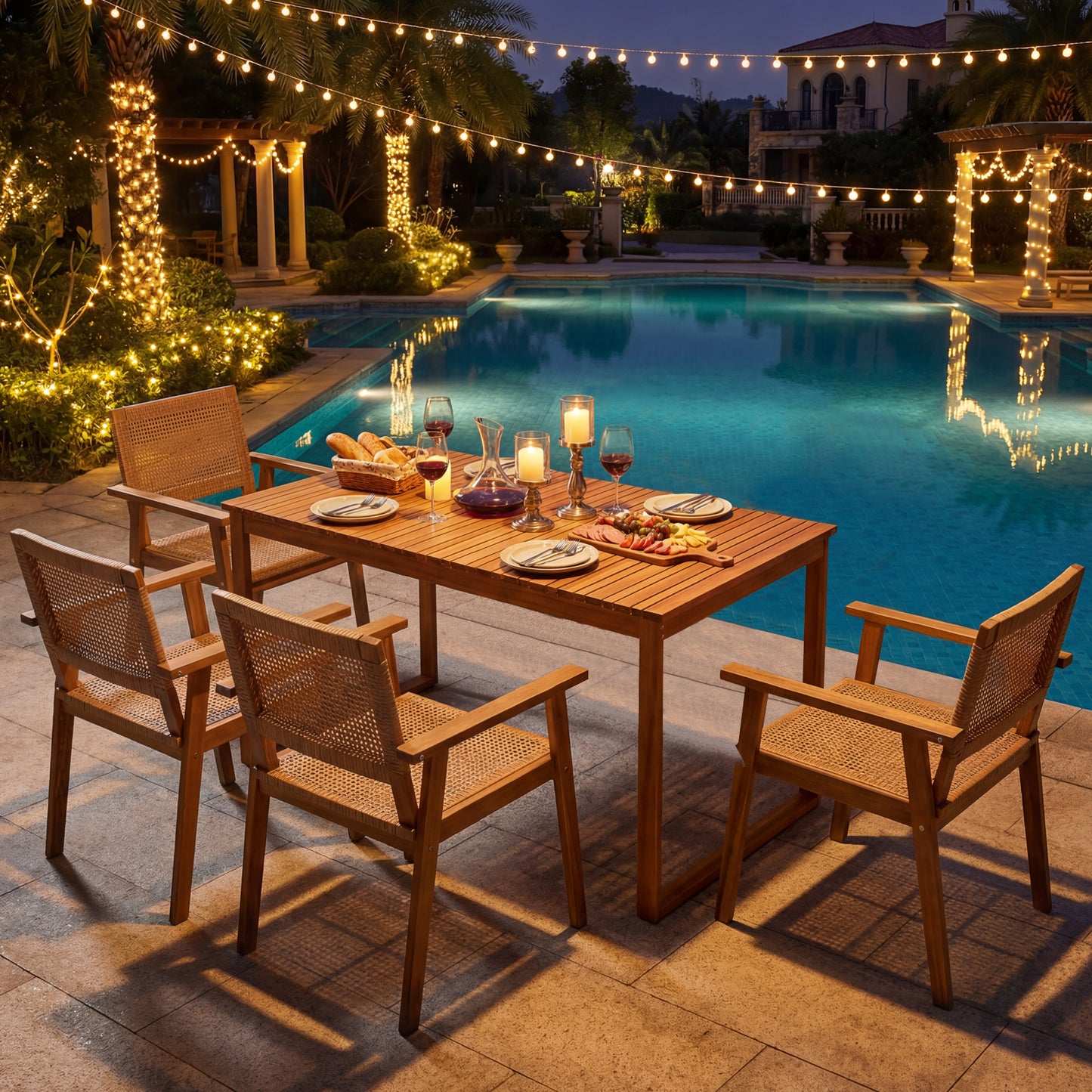 5-Piece Acacia Wood Patio Dining Set with Rattan Chairs
