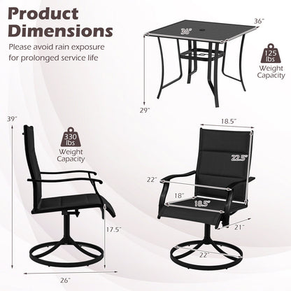 5 Pieces Outdoor Dining Set with 4 Swivel Chairs and 36 Inch Square Patio Table
