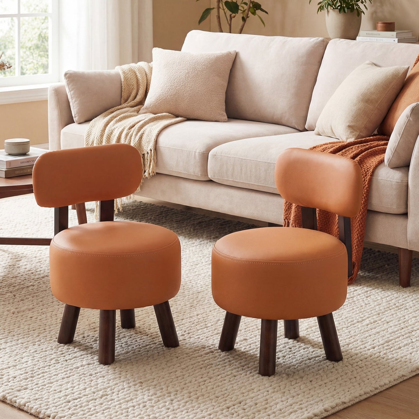 Small Footrest Stools Set of 2 Round Ottoman with Backrest