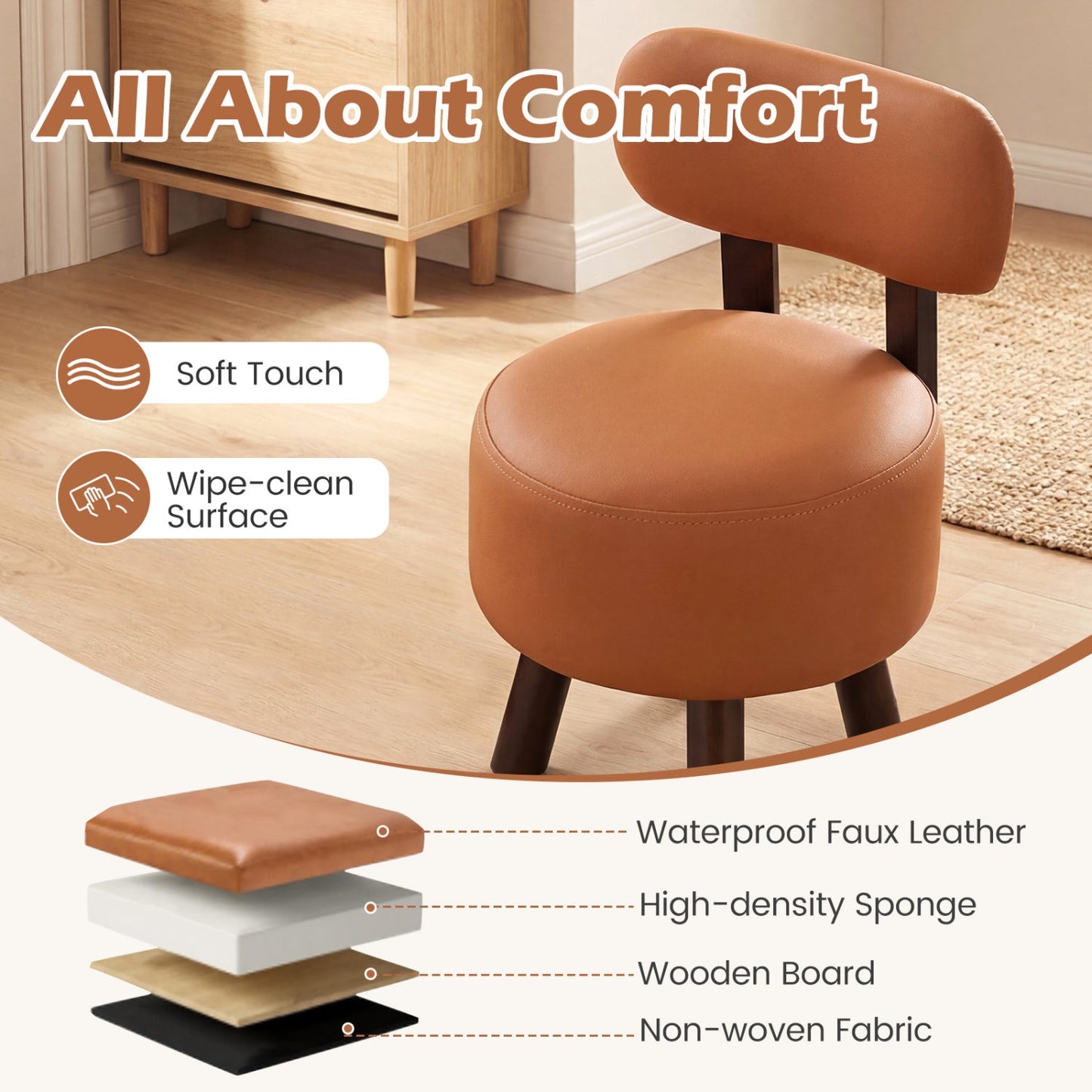 Small Footrest Stools Set of 2 Round Ottoman with Backrest