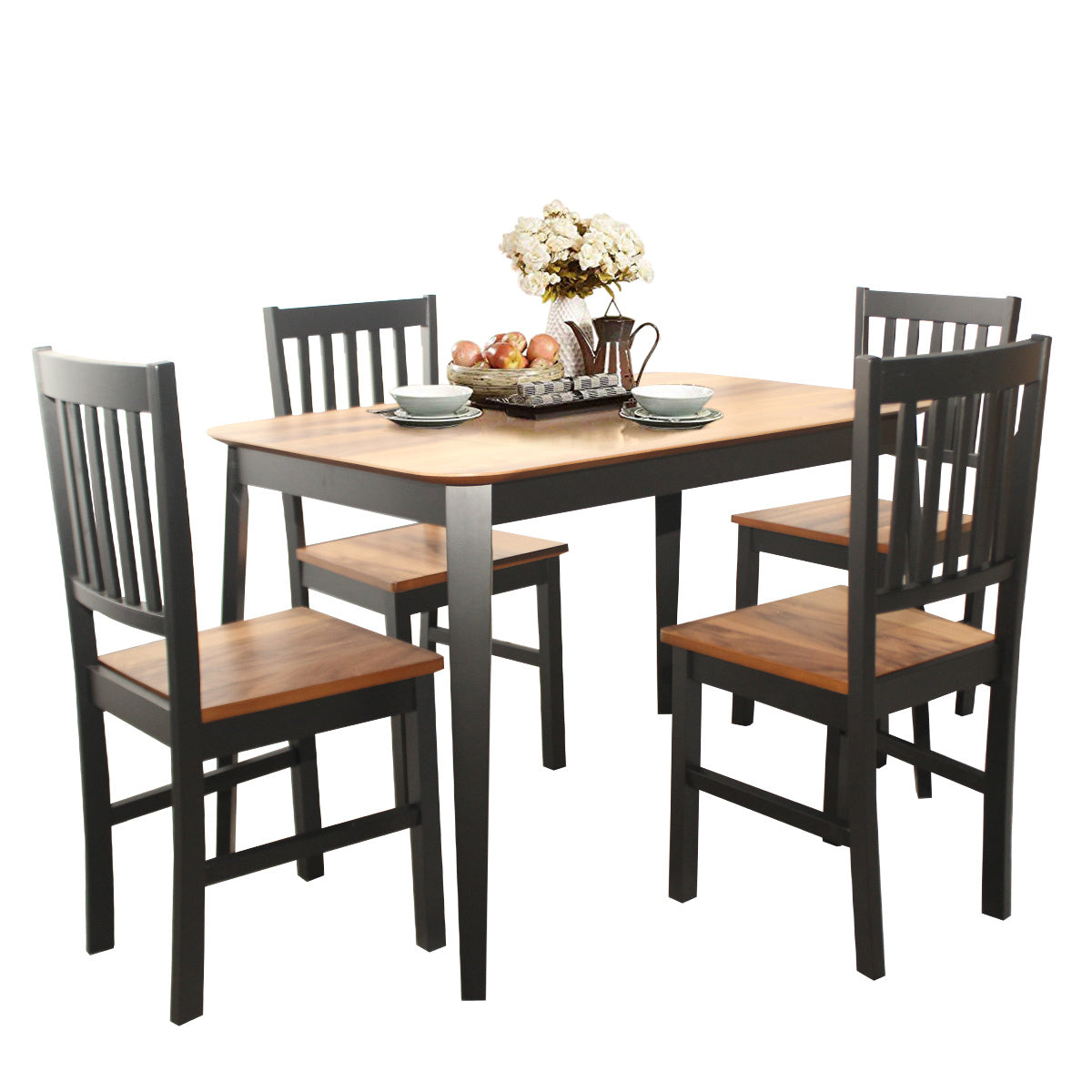 5-Piece Dining Table Set with 4 Chairs - Rubber Wood