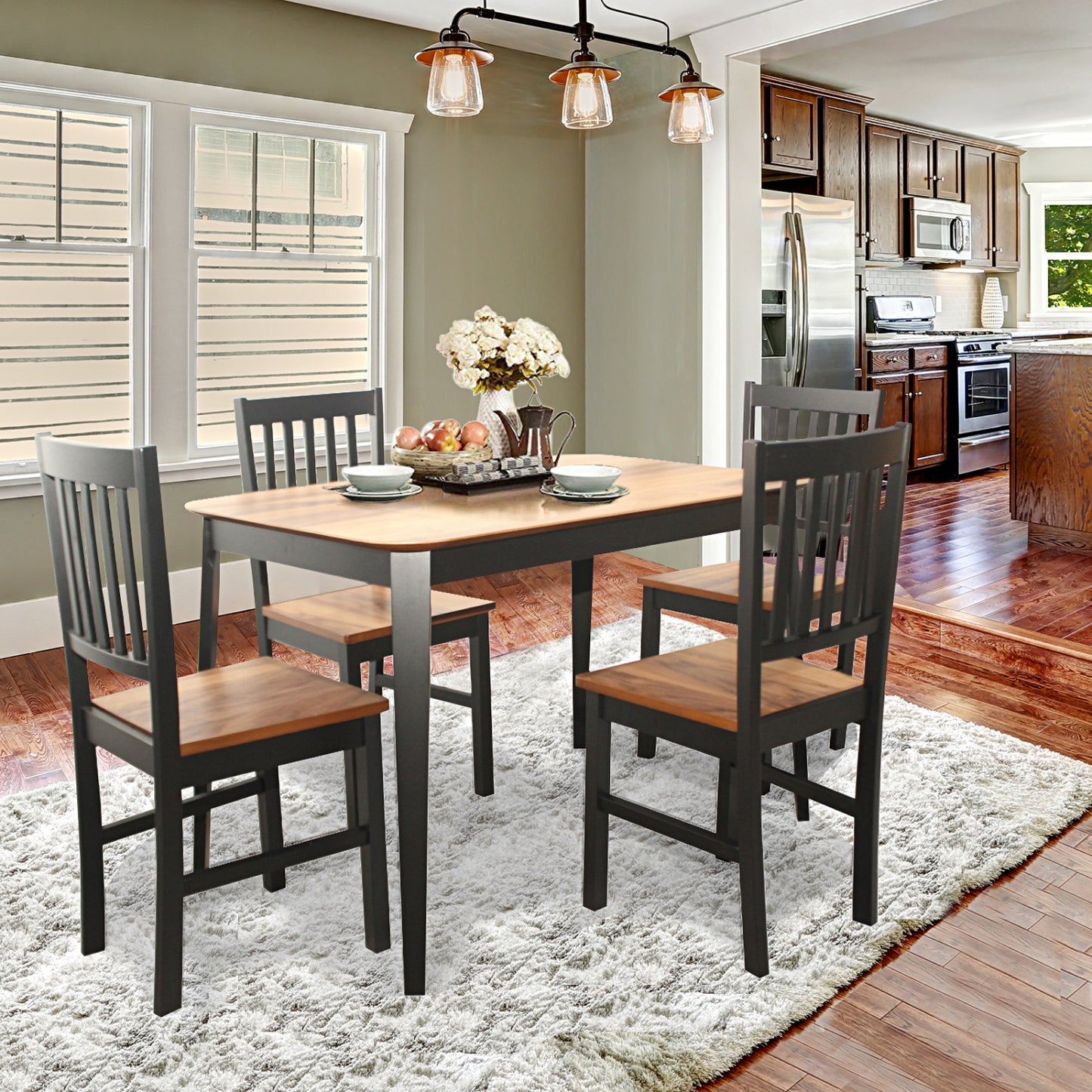 5-Piece Dining Table Set with 4 Chairs - Rubber Wood