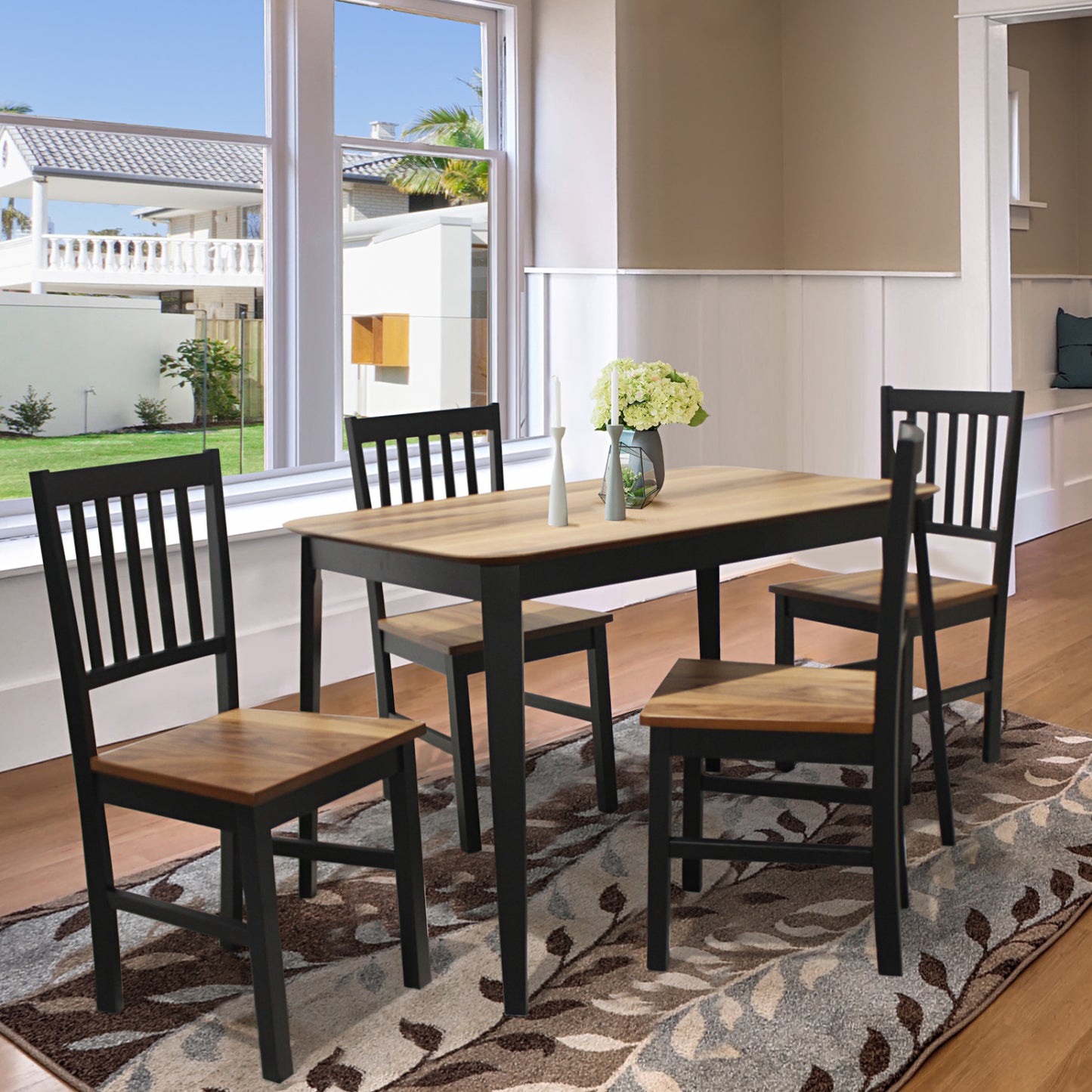 5-Piece Dining Table Set with 4 Chairs - Rubber Wood