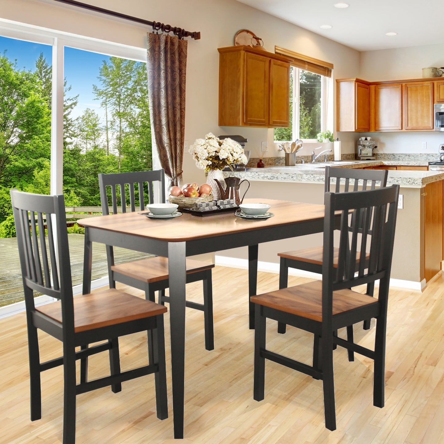 5-Piece Dining Table Set with 4 Chairs - Rubber Wood