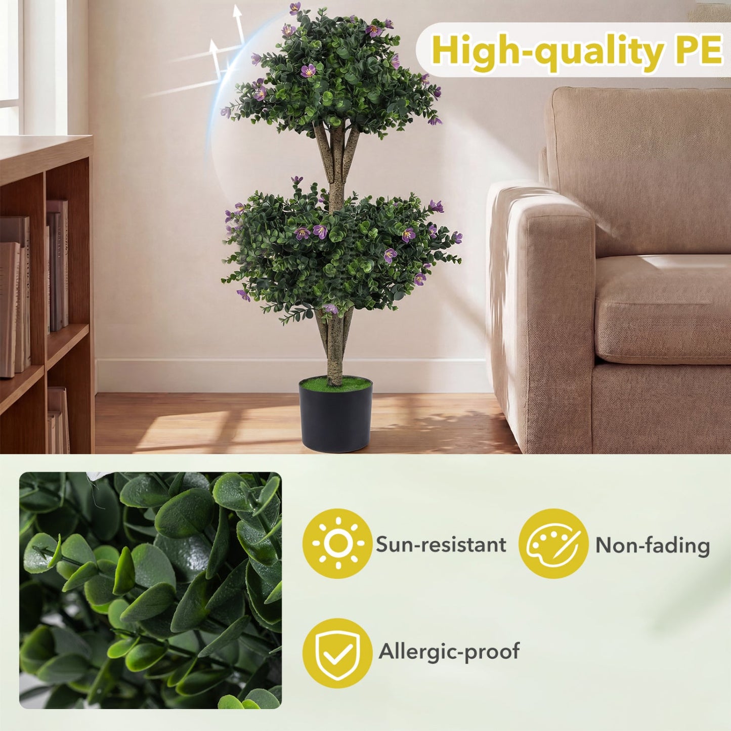 2 Pack 36" Artificial Double Ball Boxwood Topiary Tree with 41 Blossoms
