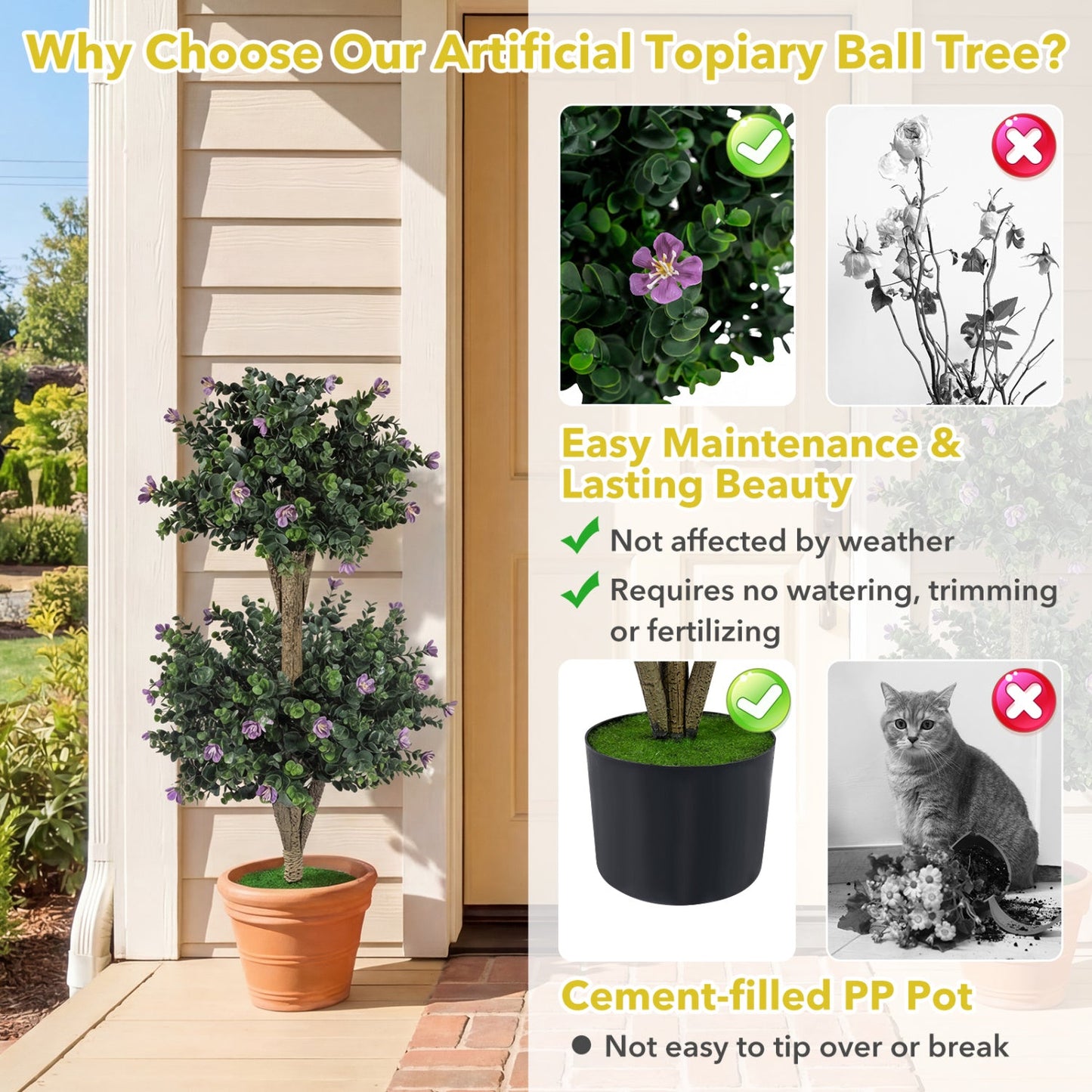 2 Pack 36" Artificial Double Ball Boxwood Topiary Tree with 41 Blossoms