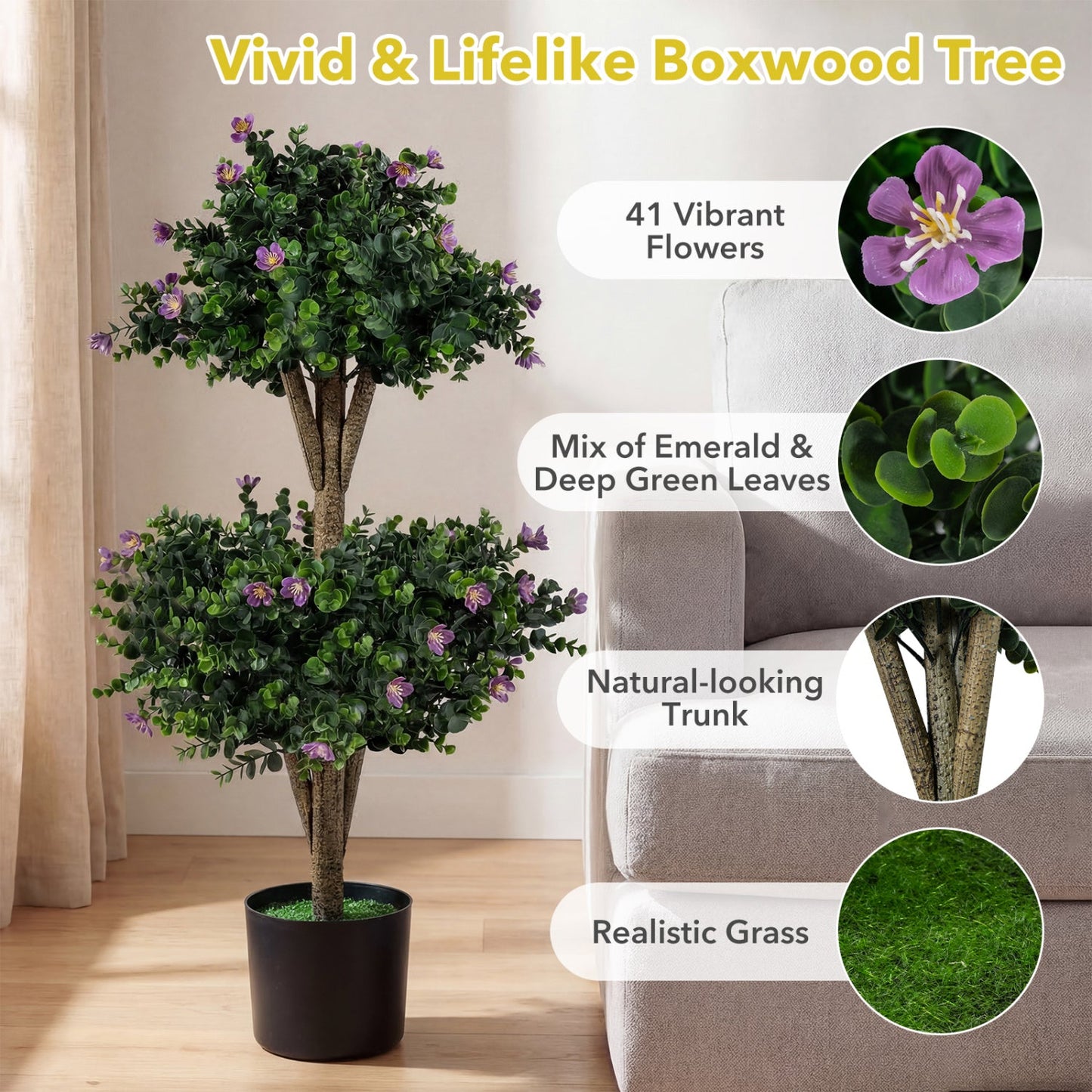 2 Pack 36" Artificial Double Ball Boxwood Topiary Tree with 41 Blossoms
