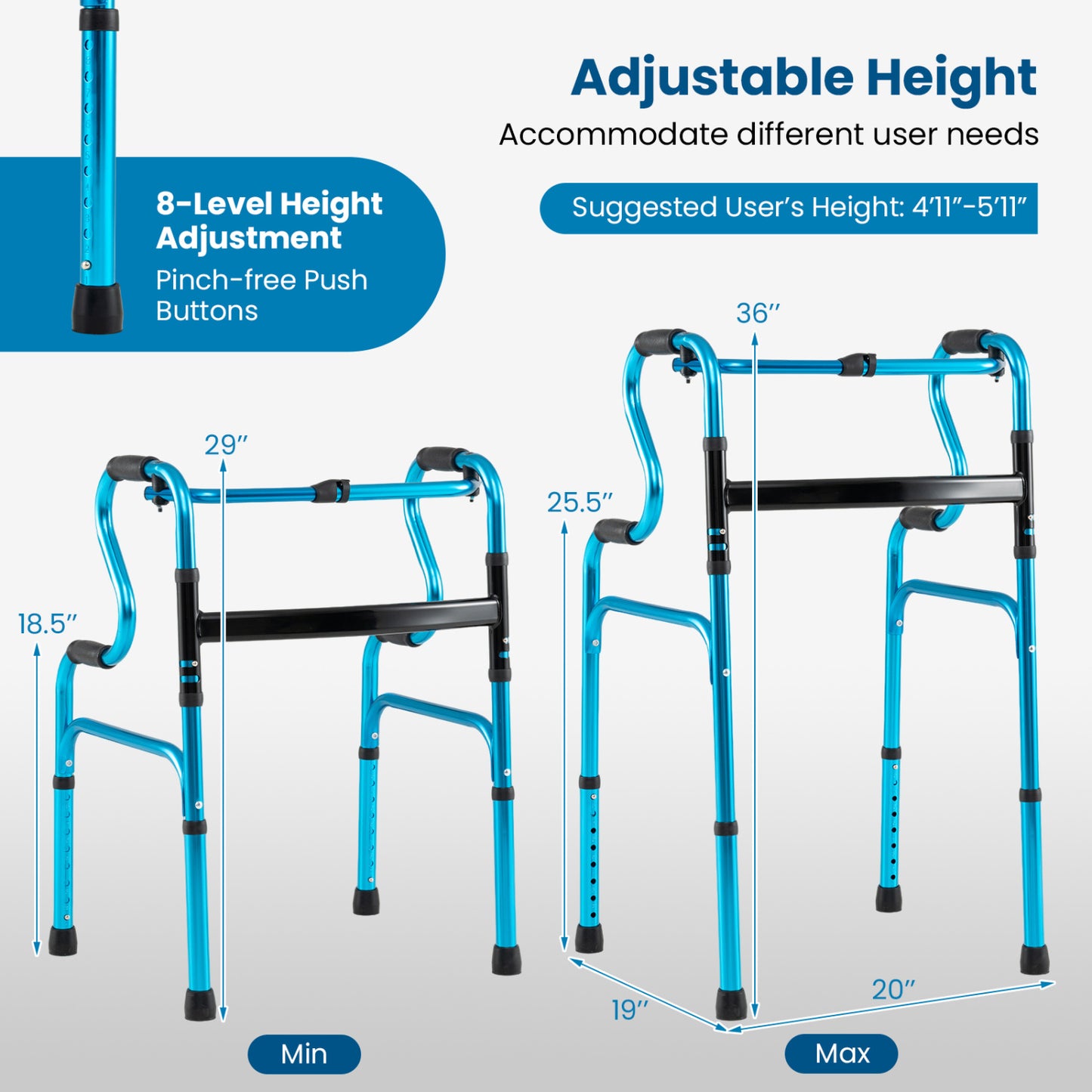 Folding Aluminum Walker with Adjustable Height for Seniors