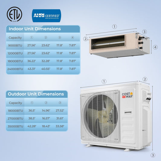 X-Pro 35000 BTU 2 Zone 22.5 SEER2 Concealed Ducted Mini Split AC