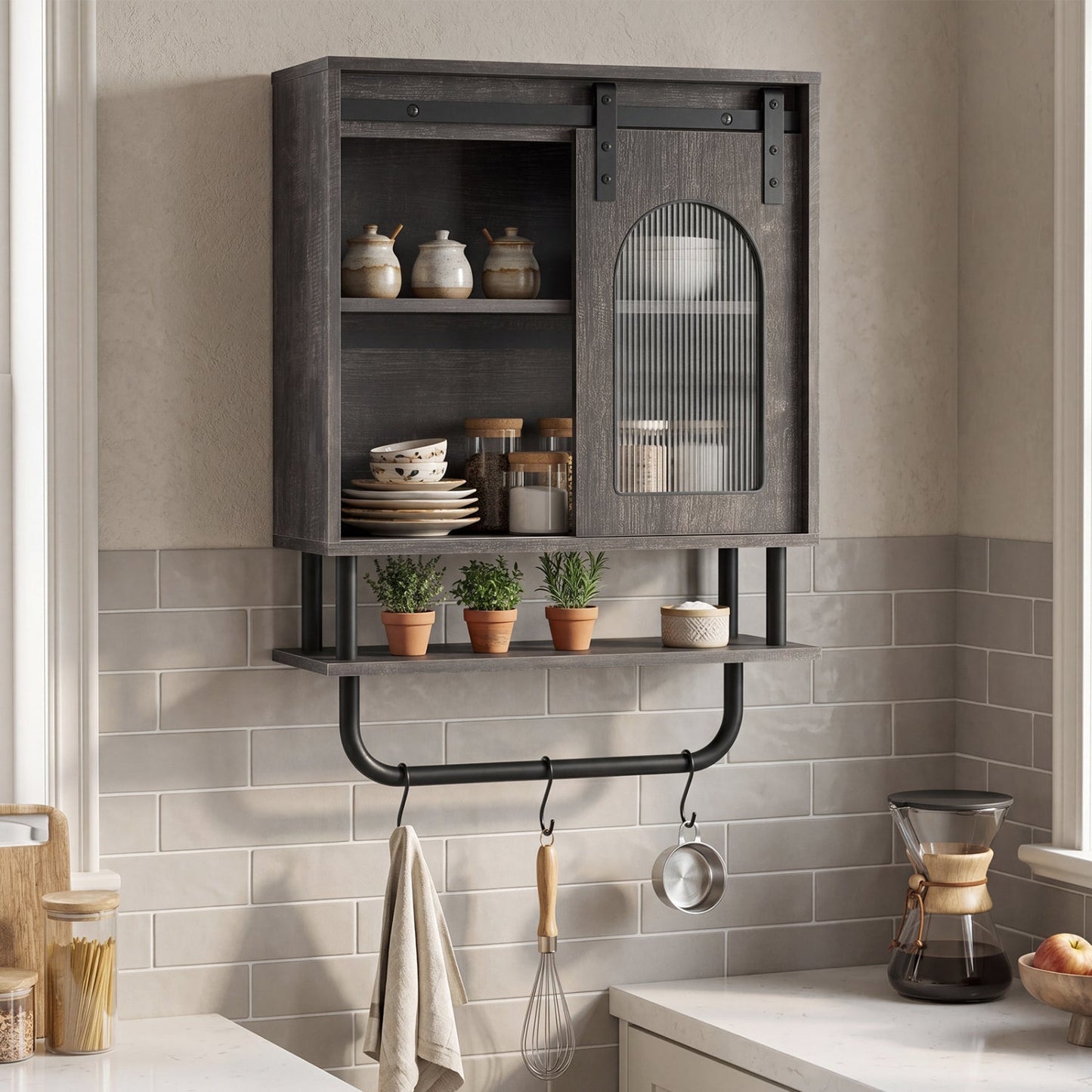 Bathroom Wall Cabinet with Sliding Barn Door and Metal Hanging Bar with 3 Hooks
