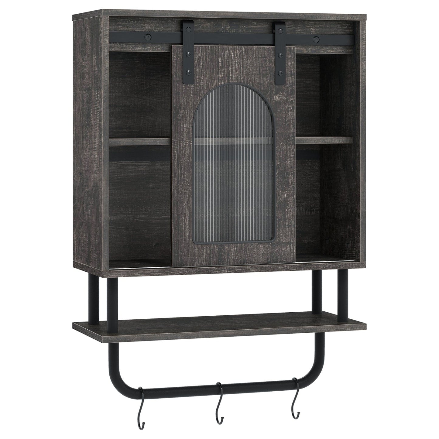 Bathroom Wall Cabinet with Sliding Barn Door and Metal Hanging Bar with 3 Hooks
