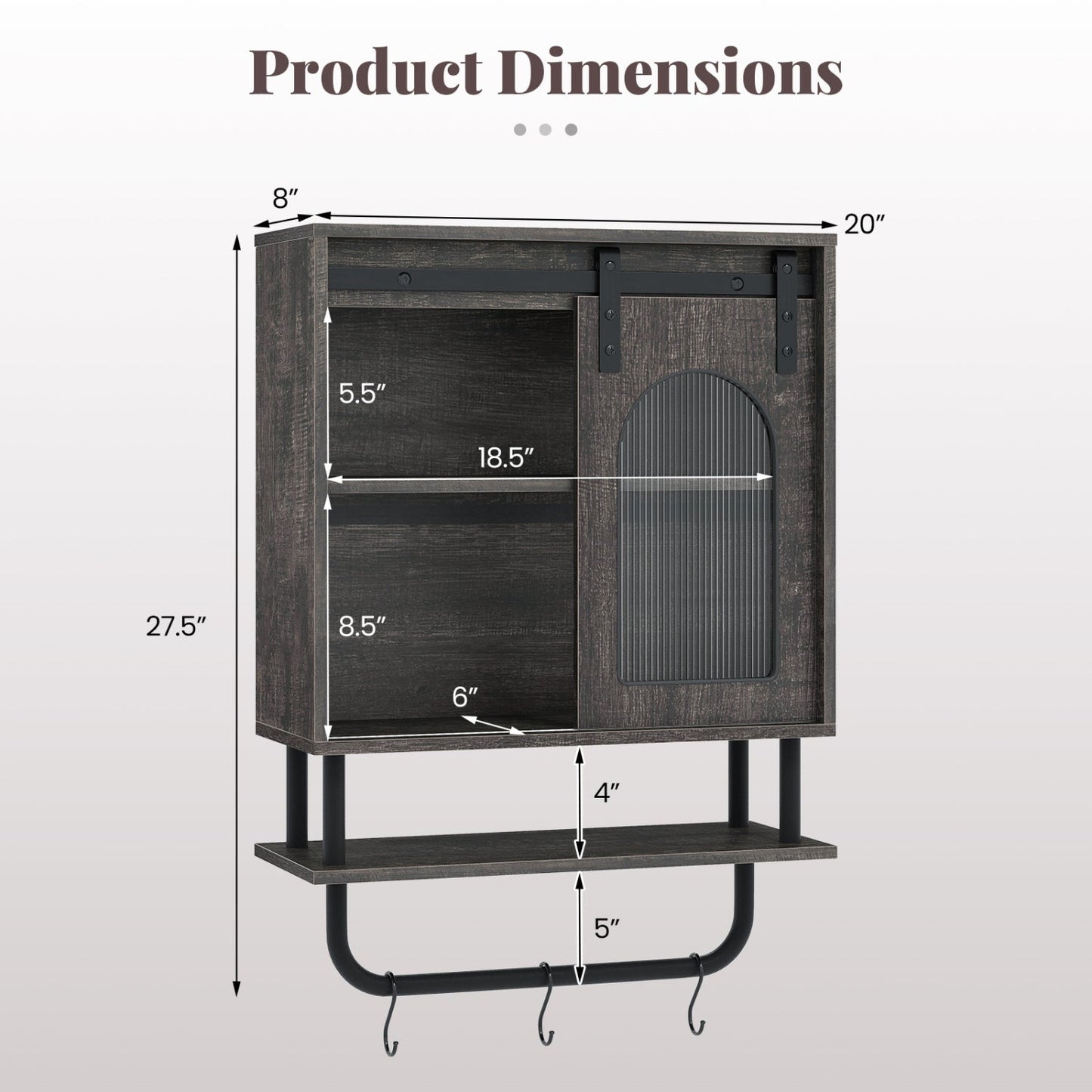 Bathroom Wall Cabinet with Sliding Barn Door and Metal Hanging Bar with 3 Hooks